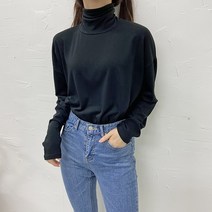 사자옷 여성 겨울 기모 반목 폴라 박스 티 터틀넥 긴팔 티셔츠