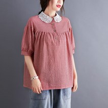 IBOY UGIRL 빅사이즈 루즈핏 카라 반팔 체크 블라우스