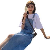 하이웨이스트 앞트임 스커트 데님 멜빵 롱 스커트 스퀘어 칼라 루즈핏 빈티지 슬림 나시 원피스 포켓있고 얇은 치마 무릎 넘기는 A라인 스커트 캐주얼 여성 봄여름가을 앞트임 데님원피스