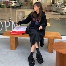 라라벨 여성 기모원피스 후드 프린팅 기모 원피스 후드원피스