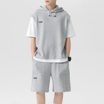 남성 여름 편한 냉감 와플 패턴 원단 오버핏 후드 반팔티셔츠 반바지 캐주얼 투피스 세트
