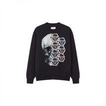 PHILIPP PLEIN 필립플레인 #PHILIPP 라스트 찬스 남성 엠보 로고 핫픽스 스컬 맨투맨 - 블랙