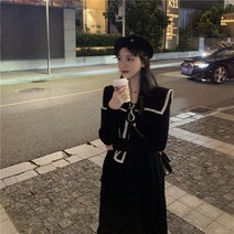 결혼식하객룩 반팔트위드원피스 아일렛원피스 휴양지원피스 네이비 빅카라 리본 롱 루즈핏 빅사이즈