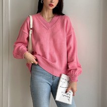 뜨개진 여성용 루즈핏 소매퍼프 프리스 브이넥 니트