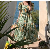 잇츠스타일 빅사이즈 쉬폰 휴양지 여행룩 퍼프 여성스러운 숄더원피스