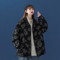 가을 캐릭터 곰 프린트 루즈핏 캐주얼 양면 차이나 재킷 코트 중 커플P