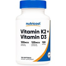 뉴트리코스트 비타민 K2 비타민 D3 Nutricost Vitamin K2 D3 120캡슐, 1개, 120개