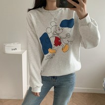 가을 겨울 데일리룩 디즈니 미키 도널드덕 캐릭터 루즈핏 라운드넥 기모 맨투맨 티셔츠