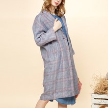 써스데이아일랜드 여성 린넨 체크 트렌치코트 미디엄 루즈핏 싱글버튼 캐주얼