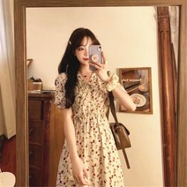 티타임 브이 칼라 플라워 반팔 원피스녀 첫사랑 빈티지 소프트 롱 스커트녀
