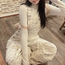 플라워 코듀로이 와이드 멜빵팬츠