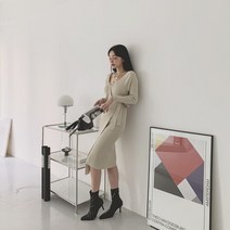 오슈 여성 골지 사선 밴딩 브이넥 꾸안꾸 랩스타일 롱원피스