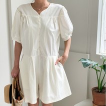 기타브랜드 네쥬 여성 여름 와이드 핀턱 반팔 반바지 점프수트