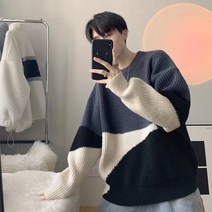 남자 니트티 패치워크 남성용 스웨터 풀오버 o넥 오버핏 긴 소매