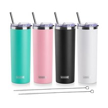 koodee 빨대 달린 591 5ml(20온스) 스키니 텀블러 스테인리스 스틸 이중벽 단열 슬림 여성 남성용 DIY 생일 선물 (퍼플) 미국직송, 4 Count (Pack of 1), 틸-핑크-블랙-화이트