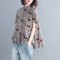 스타일아유 여성 린넨 혼방 여름 반팔 차이나넥 유니크한 패턴 셔츠 블라우스[AYG6BL0038]