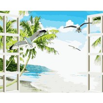 votgl diy 그림그리기 풍경 DIY 명화 그리기 세트 40 x 50 cm 액자 포함, 40*50 테이프 내부 프레임, 5 갈매기 S123