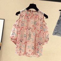 여름 여성 반팔 블라우스 어깨트임 꽃무늬 루즈핏 빅사이즈 셔츠 상의 캐주얼 A77