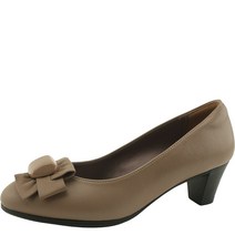 소가죽 수제화 비즈 리본 미들힐 구두 베이지