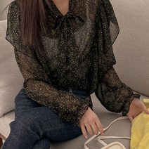 로로텐 플라워 프릴 블라우스 리본 타이 여성 빅사이즈