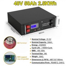 자동차 교체 대용량 LiFePO4 48V 150Ah 배터리 팩 100Ah 200Ah 16S 51.2V 7.6KWh 에너지 저장 200A BMS RS485 캔 6000 + 사이클, CHINA_48V 50Ah 2.5KWh