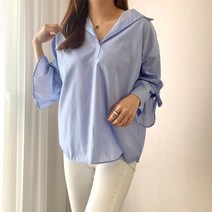스타일대박 스트라이프 소매 퍼프 리본 셔츠 블라우스