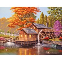 시골 풍경 운치있는 물레방아 보석십자수 구슬십자수 비즈 공예 아트 diy 만들기 취미, 70x55cm, 1개