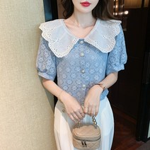 시원 편함 펀칭 빅카라 플라워레이스 반팔 숏 블라우스 크롭
