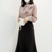 글로시 반하이넥 러플 진주 트리밍 블라우스 데일리 오피스 정장 브라우스 아이 네이비 핑크