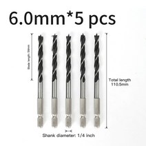 드릴 비트 육각 생크 3점 목공 천공 지원 전기 회전 헤드 나무 판자 구멍 특수, 6.0mm 5개