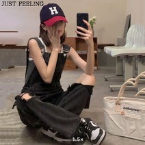 JUST FEEL!NG 빅사이즈 봄 가을 캐주얼 하이웨이스트 와이드 슬랙스 데님 멜빵바지 점프슈트