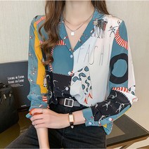 ALIPANG 알리팡 여성 긴소매 일러스트패턴 셔츠 블라우스 쉬폰 기본핏 루즈핏 카라 캐주얼