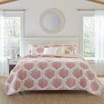 로라 애슐리 코랄 코스트 컬렉션 퀼트 세트-100 면 양면 사계절용 침구 어울리는 베개 커버 포함 트윈, Coral