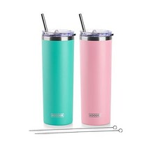 koodee 빨대 달린 591 5ml(20온스) 스키니 텀블러 스테인리스 스틸 이중벽 단열 슬림 여성 남성용 DIY 생일 선물 (퍼플) 미국직송, 2 Count (Pack of 1), 틸 핑크