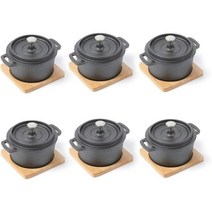 [해외] HAWOK 무쇠 미니 라운드 꼬꼬떼 세트 뚜껑과 대나무 쟁반이 있는 미니 더치 오븐 270ml/9.13oz/1.08컵 6세트 블랙, Black 6 pcs