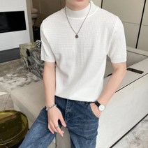 여름 순색 아이스 반팔 니트 남성 티셔츠 웨이브 슬랙스 캐주얼 경숙풍 반 터틀넥 티셔츠 상의
