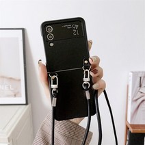 z플립케이스 럭셔리 PU 가죽 크로스 바디 끈 스트랩 케이스 삼성 호환 갤럭시 Z 플립 4 3 5G 충격 방지 비, 01 for Samsung Z Flip4, 01 Black