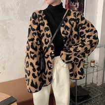 폴링 레오파드 호피 뽀글이 자켓 가디건 빅사이즈 아우터 브라운