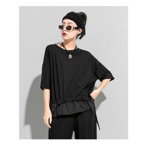 2022 여름 패션 봉제 탄성 티셔츠 다크 블랙 반팔 티셔츠 탑 트렌드