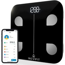 INEVIFIT 스마트 체지방 저울 고정밀 블루투스 디지털 욕실 체성분 분석기 무제한 사용자를 위한 체중 체지방 물 근육 내장 지방 및 뼈 질량 측정(블랙) 106106, Black