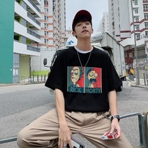 가바바 남성 반팔티 릭과모티 그림 포인트 라운드 반팔티 G33389