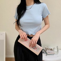 네쥬 여성 봄 여름 물결 라운드 크롭 반팔 티셔츠