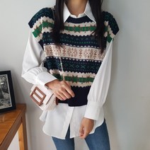 상상그이상 여성용 국내제작 쟈가드 니트조끼 부드러운 필수 블라우스 코디세트 브이넥 기하학 패턴 루즈핏 편하게 입을 수 있는 코디염려없는 이너 레이어드 조끼세트