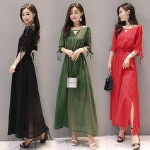 2021 봄여름 여성 한국판 반팔 트임 기질 조거 쉬폰 원피스 여 빅사이즈 슬림 롱스커트