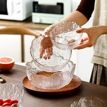 샐러드 그릇 유리 그물 빨간 가정 과일 그릇 불규칙한 프놈펜 두꺼운 높은 색상 가치 투명 얼음 가루 그릇, (두꺼운) 투명 해머 패턴 3 피스 세트: 대형, 중형