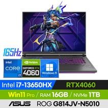 [백팩 증정!] ASUS ROG STRIX G18 G814JV-N5010 롤 배그 오버워치 발로란트 영상편집 고사양 18인치 게이밍 노트북 (코어i7-13650HX/RTX4060), 윈도우 포함, 16GB, 1TB, 코어i7, 이클립스 그레이