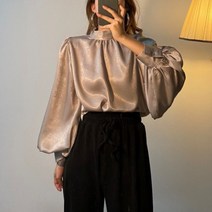 여성 하이넥 퍼프소매 펄 블라우스 W040