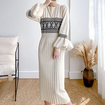 에스닉 니트 플리츠 롱 원피스 380