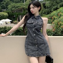 어썸클로젯 테미 딥슬리브리스 카라 미니 데님원피스