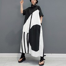 린넨 롱 원피스 일본 스타일 히트 컬러 흑백 패치워크 셔츠 드레스 빅 사이즈 루즈핏 타이드 캐주얼 로브 여름